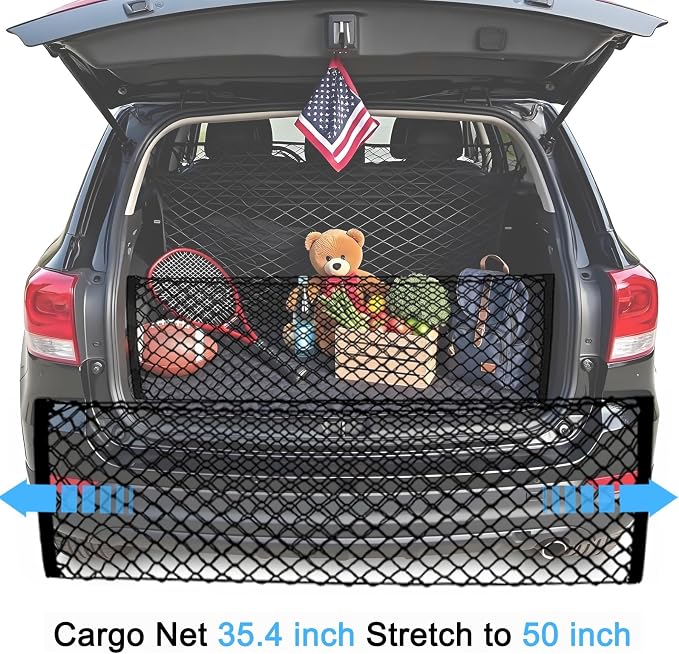 BAILALIBO Cargo Net with Metal Hooks, 35.4x15.8 in | Elastic stretchable mesh, adjustable for SUV/truck/jeep, universal fit, secure trunk storage, heavy-duty for car exterior