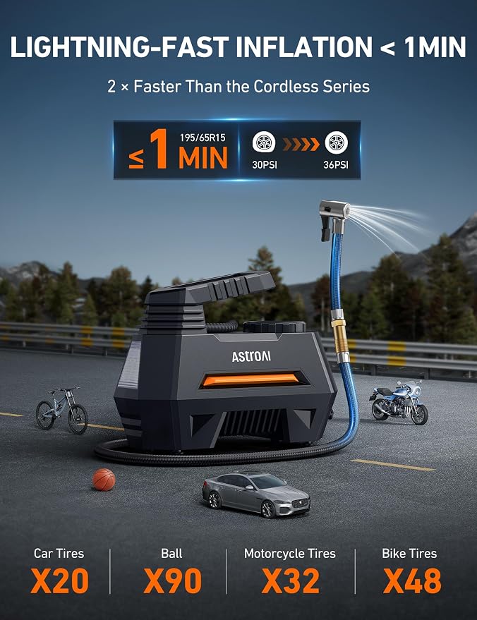 AstroAI AIRUN H Tire Inflator Portable Air Compressor,Fast Inflation Electric Air Pump for Car Tires-Car Accessories,9.8Ft Cord-12VDC-Powered Auto Shut-Off with Digital Pressure Gauge,LED Light,Orange