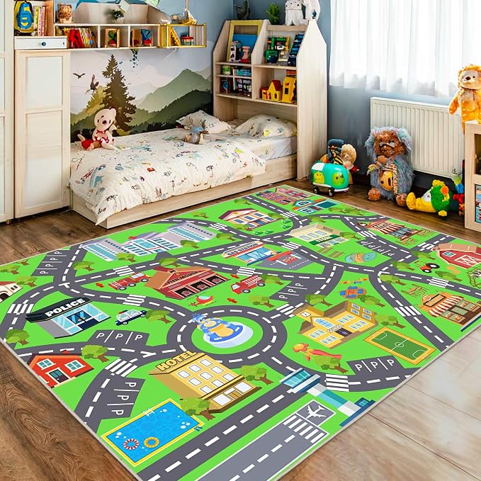 Kids Rugs for Playroom - Soft & Non-Slip 8x10 Feet Town City Map Road Rug Cars Play Mat, Childrens Road Carpet Washable Rug for Classroom Nursery Bedroom Boys