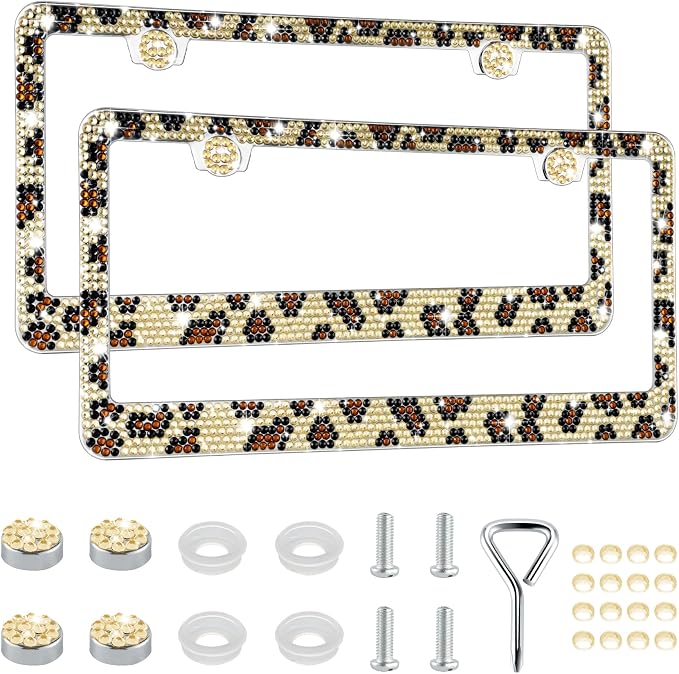GaRhomxy Bling License Plate Frames for Women, 2 Pack Handcrafted Sparkly Rhinestone Car Accessories, Premium Stainless Steel Frame with 1000+ Faceted Glass Crystals & Glitter Caps (Leopard Print)