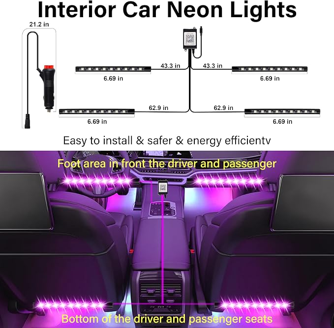 Car Led Lights Interior, Interior Car Lights with with Cigarette Lighter Adapter, 12V LED Strip Light with Smart APP Remote Control, Sync Music, Color Change Cars Light for Inside, Cars Accessories