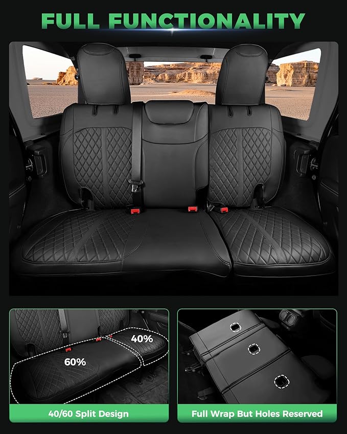 for Jeep Wrangler Seat Covers 4Door JL 2018 2019 2020 2021 2022 2023 2024 2025 2026, Custom Fit Car Seat Cover Full Set, Luxury Waterproof Leather Seat Protectors, Black, W/O Rear Cup Holder