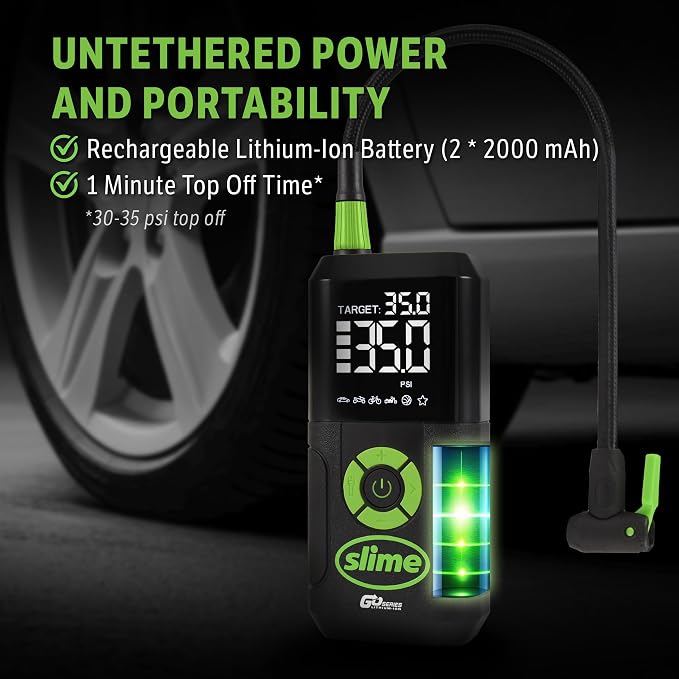 Slime 40089 Cordless 3-in-1 Tire Inflator w/Power Bank & LED Light, Auto Shut-Off, Digital Display & 6 Presets, Flat to Full in 8 Mins, Car, Bike, Motorcycle & More