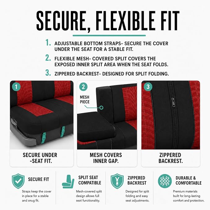 FH Group Rear Set Travel Master Car Seat Covers - Universal Fit, Split Bench Rear Seat, Washable, for SUV, Sedan, Red