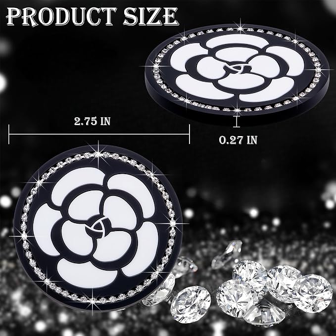 2-Pack Bling Cup Holder Coasters for Cars – 2.75 Inch Silicone Inserts – Anti-Slip, Shockproof – Decorative Vehicle Accessories for Women & Girls (White Flower)