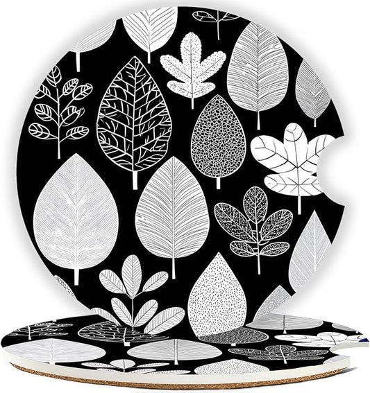 Car Cup Holder Coaster Set of 2, 2.56 in Ceramic Coasters, Scratch-Resistant Cork Backing, Finger Groove Design for Easy Placement, Cute Car Accessories Interior for Women (Black Leaves)