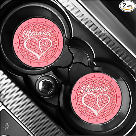 2 PCS Car Cup Holder Coaster, 2.76 Inch Non-Slip Auto Drink Mats with Blessed Cross and Heart, Shockproof Christian Cup Insert Coaster for Most Vehicles, Car Accessories (Pink)