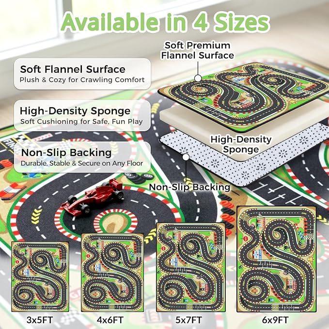 Kids Rug, 4x6 Ft Race Track Car Rug for Kids | Extra Thick 0.4in Soft Non-Slip Racing Car Carpet Play Rug with 3D Track Design for Toy Cars, Playroom, Bedroom &Nursery