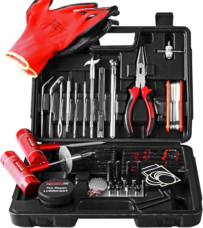AWELCRAFT 108-Piece Heavy Duty Tire Repair Kit – Professional Flat Tire Plug Set with T-Handle Tools, 4-Way Valve Tool, Pliers, Storage Case
