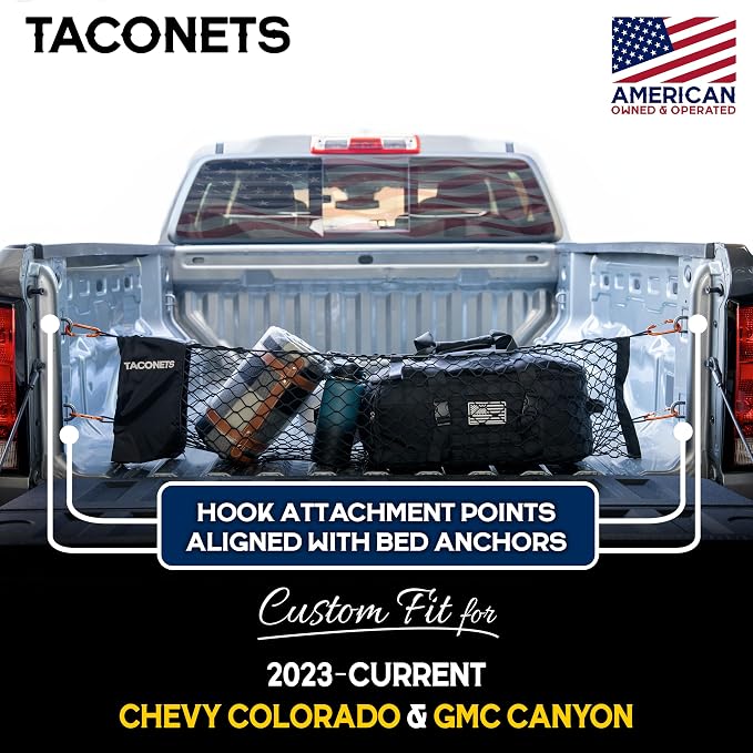 TacoNets Envelope Cargo Net for Colorado/Canyon - Fits 2023-Current - Upgraded 5mm Bungee - Integrated Storage Bag - Heavy Duty Carabiners - Designed in USA