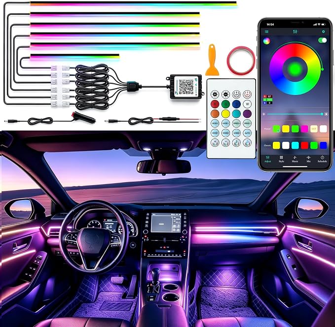 Interior Car LED Lights, RGB Dream Color Acrylic LED Lights for Car, Ambient Lighting Kits with Wireless APP and RF Remote Control, Music Sync Dynamic Chasing (6 in 1)