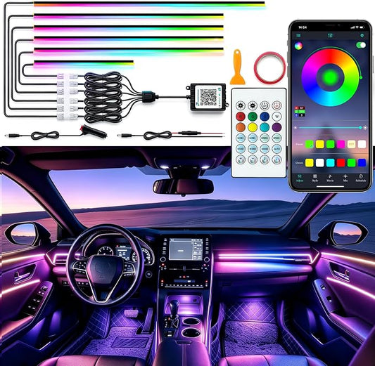 Interior Car LED Lights, RGB Dream Color Acrylic LED Lights for Car, Ambient Lighting Kits with Wireless APP and RF Remote Control, Music Sync Dynamic Chasing (6 in 1)