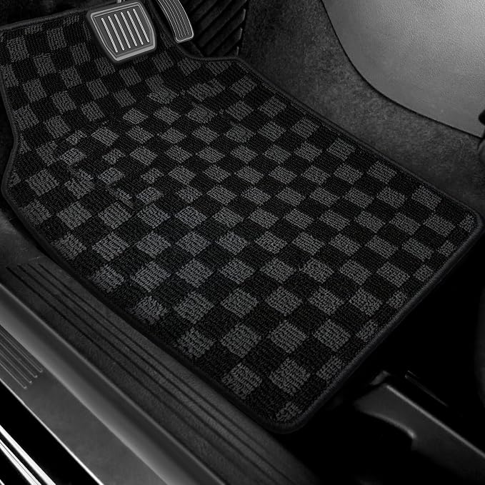 Car Floor Mosaic Mat All Weather Carpet Vehicle Floor Mats 4 Piece Premium Quality Carpeted Floor Liners Vinyl Heel Pad for Protection - Driver Seat, Passenger Seat and Rear Interior (Black Gray)
