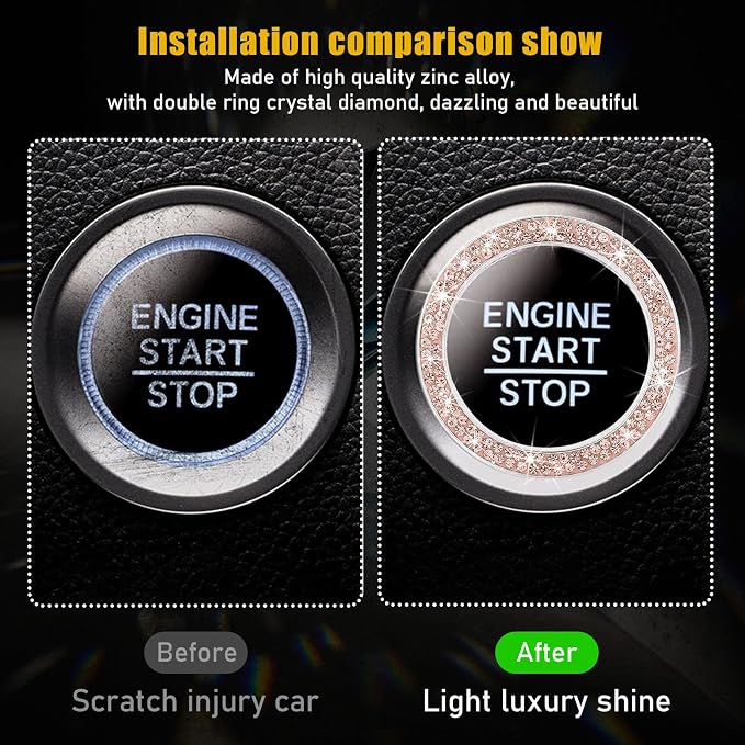 Kewucn Bling Crystal Double Rhinestone Car Engine Start Decoration Ring, Sparkling Push Start Button Sticker, Key Ignition & Knob Ring Decoration, Bling Car Interior Accessory(Peach)