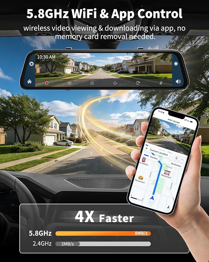 2026 Ultrawide 13’’ 4K Rear View Mirror Camera with Carplay&Android Auto, 5.8GHz WiFi Smart Rearview Mirror with Voice Control/Split Screen, 64GB Card Included,Reverse Assist/Loop Record/G-Sensor