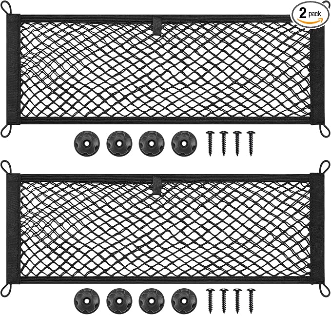 TOBWOLF 2PCS 25x75cm/9.8x29.5in Cargo Storage Net, Universal Elastic Stretchable Pocket Storage Mesh Net, Organizer RV Netting Storage Pouch with 8PCS Screws & 8PCS Buttonholes for Car Truck SUV Boats
