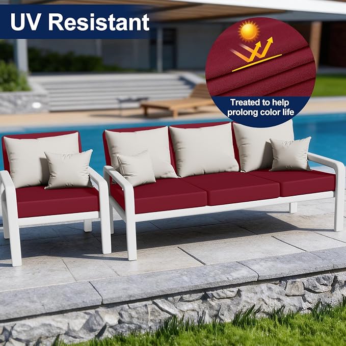 Smiry Waterproof Patio Cushion Covers, Stretch Outdoor Couch Slipcovers Replacement Washable Furniture Protector Sofa Chair Seat Cover for Dogs and Pets (4 Pcs, Wine Red)