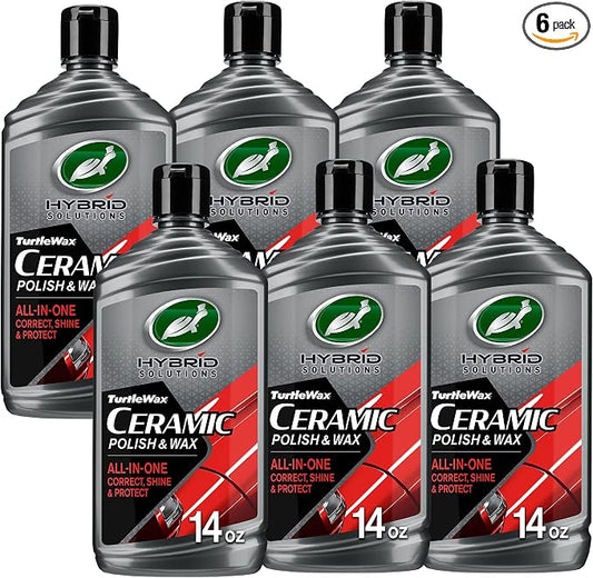Turtle Wax Hybrid Solutions Ceramic Car Polish and Wax, Light Scratch Remover, Durable Paint Protection, Extreme Water Beading, High Gloss Shine, Hand or Machine Polisher Use, 14 oz (Pack of 6)