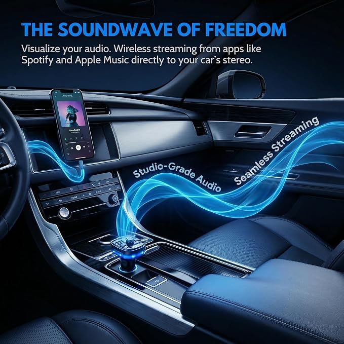 Bluetooth 5.3 Car Adapter Charger, Wireless FM Bluetooth Transmitter | Fast Charge Wireless Radio FM Transmitter with Deep Bass Player, LED Backlit, Hands-Free Calling,Support MP3 Player USB Drive