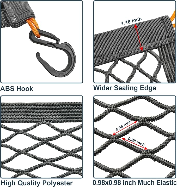 SUV Trunk Cargo Net 27.5x19.6 Inch Elastic Mesh with ABS Hooks Gray | Durable elastic mesh with ABS hooks, stretches to 49x43" fits most vehicles, tool-free install, keeps cargo stable