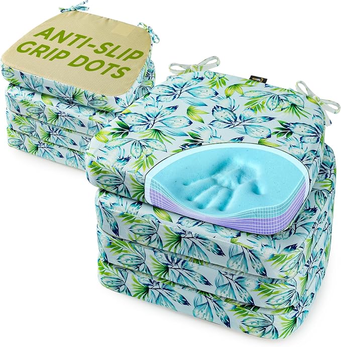 SUNROX Cooling Gel Memory Foam Chair Cushions, 2.6" Thick U-Shaped Dual-Layer Comfort Dining Chair Pads, Non Slip Seat Cushion with Ties for Indoor Kitchen Office 17"x16" Set of 8, Aqua Pilea Notata
