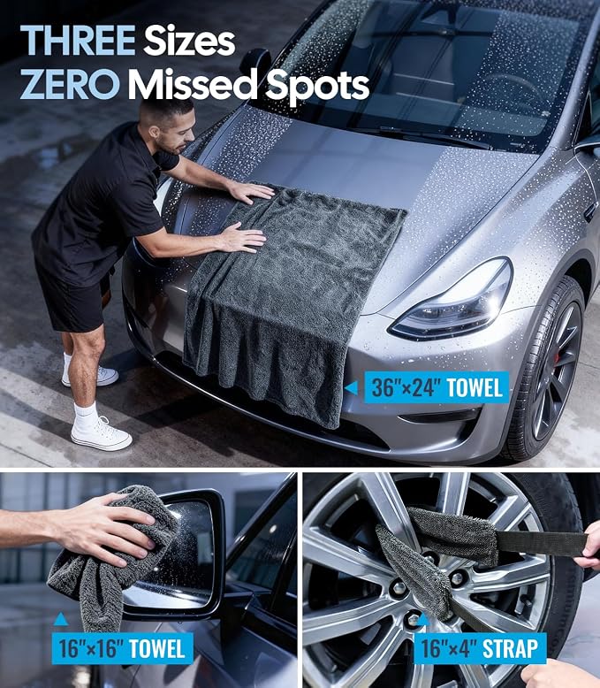 Wigoo Microfiber Car Drying Towel for Detailing, Cars, SUV, Truck (3 Sizes) | 1300 GSM, 36" x 24", Ultra-Absorbent, Streak-Free, Dual-Sided Edgeless Cleaning Towels with Twisted Loop