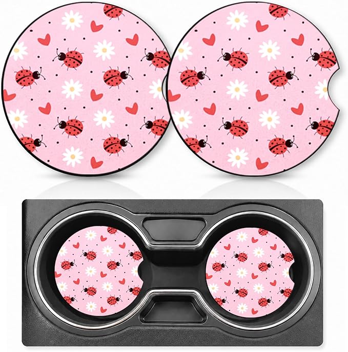 2PCS Daisy Ladybug Car Cup Holder Coasters Neoprene Car Coasters Universal | 2.75" Anti-Slip Rubber Mat with Finger Slot for Vehicle SUV Truck Vivid Cars Accessories Daisy Ladybug Gifts for Women Men