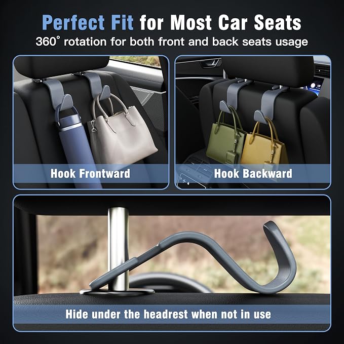 Amooca Car Seat Headrest Hook 4 Pack Hanger Universal Vehicle Car Storage Organizer for Handbag Purse Coat S Type Grey