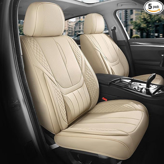 Universal Car Seat Covers for SUVs Sedans Trucks Beige | universal fit, faux leather, waterproof, breathable, stain/scratch resistant, airbag compatible, anti-slip, easy install