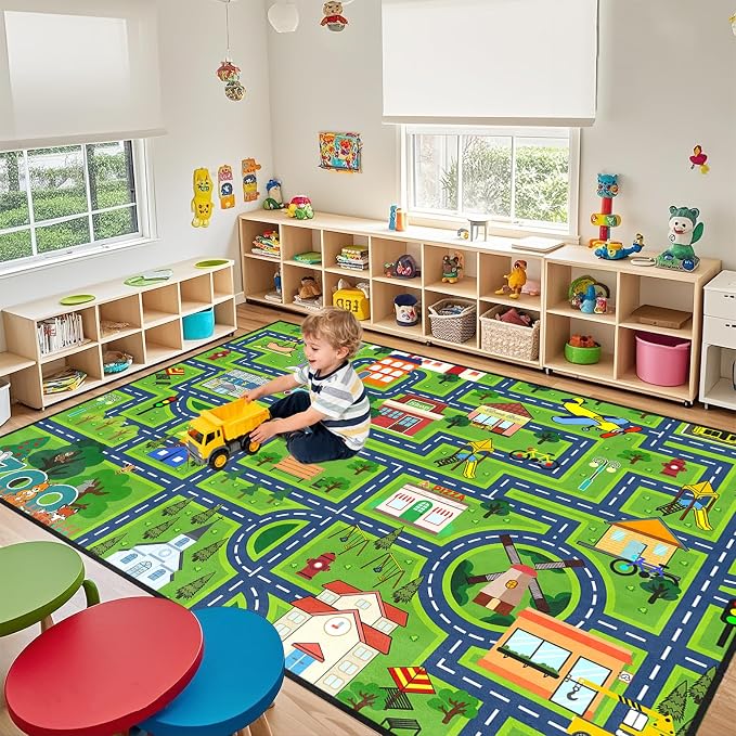 Car Rug Kids Play Mat for Toy Cars, City Life Road Map Area Rug for Playroom Bedroom, Non Slip Backing Floor Carpet with Zoo Airport Design, Educational Traffic Track Game Mat