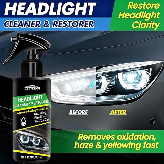 Headlight Restoration Spray – Instant Oxidation, Yellowing & Stain Removal, Restores Cloudy Headlamps to Like New, Portable Cleaner for All Cars – 120ml/4.01oz