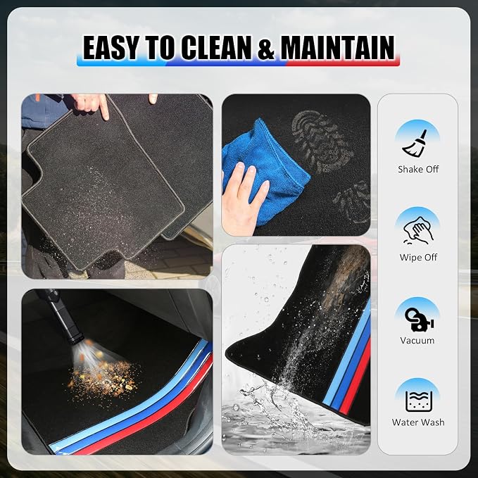 Fit 2011-2016 BMW F10 5-Series Floor Mat Nylon Black with 3 Colors Stripes | IKON MOTORSPORTS, Front & Rear Factory M Color Stripe Car Floor Carpets Carpet liner 2012 2013 2014 2015
