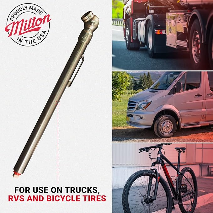 Milton S-925 Pencil Tire Pressure Gauge for Trucks, RV’s & Bicycle Tires, Single Head Chuck with Built-in Deflator Valve, Durable Plated Brass, Pressure Measured in PSI & kPa