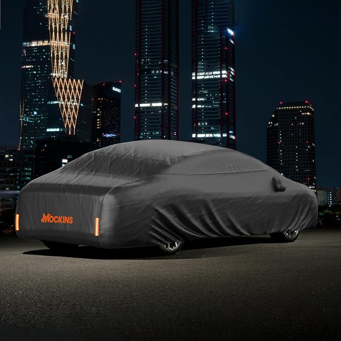 Mockins 175"x70"x60" XS Sedan Car Cover Waterproof All Weather Protector | Heavy Duty 250G PVC & Cotton Lined Car Covers for Automobiles | Windproof Full Exterior Covers w/ Buckle Strap & Reflectors