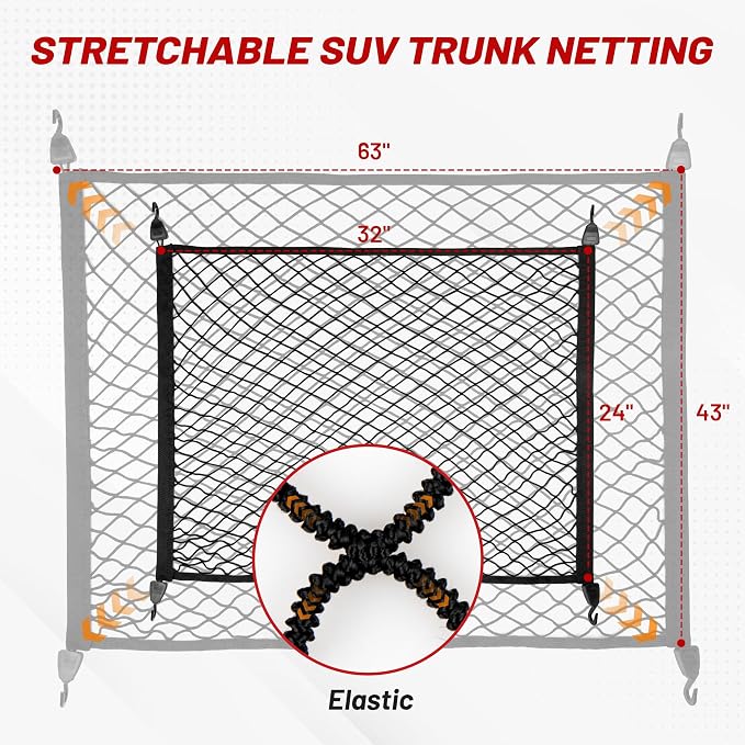 RED WOLF Elastic Cargo Net for SUV Rear Trunk Bed Netting Cover Net Stretchable Mesh Organizer 32" x 24" Stretch to 63"x43" with Fixing Hooks D-Rings Luggage Cover