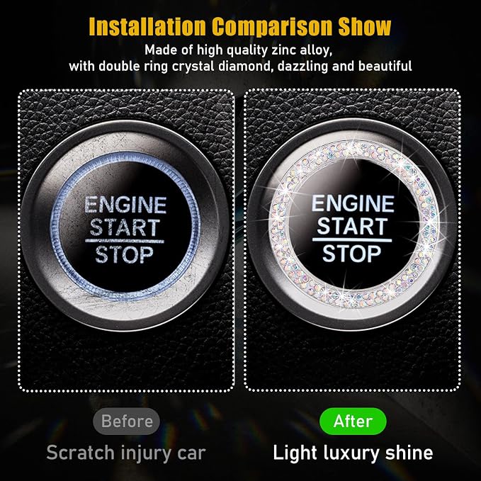 Kewucn Bling Crystal Double Rhinestone Car Engine Start Decoration Ring, Sparkling Push Start Button Sticker, Key Ignition & Knob Ring Decoration, Bling Car Interior Accessory(AB)