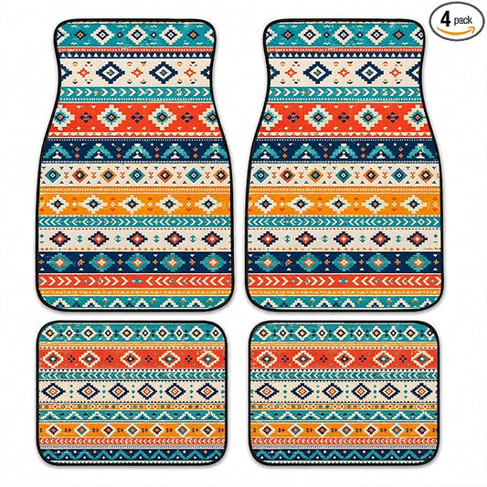 Stripe Car Floor Mats Set of 4 Southwest Tribal Geometric Car Accessories Foot Mats Rugs, Non-Slip,Decor for Universal Fit for Suvs Sedans Trucks Cars Auto Floor Carpets Rugs All-Weather