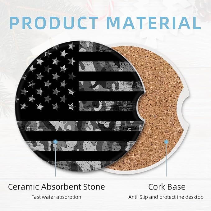 2 Pack Car Coasters for Cup Holders, 2.56" Universal Absorbent Ceramic Stone Car Cup Holder Coasters with Non-Slip Cork Base, Car Accessories for Women Men(Black Camouflage American Flag)