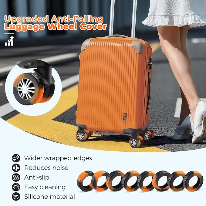 8Pcs Upgrade Luggage Wheel Covers,Travel Accessories (Carbon Black/Orange) | Wear-resistant & anti-noise silicone covers. Fits 2-2.4" wheels. Protects suitcase wheels. Travel essential for suitcases