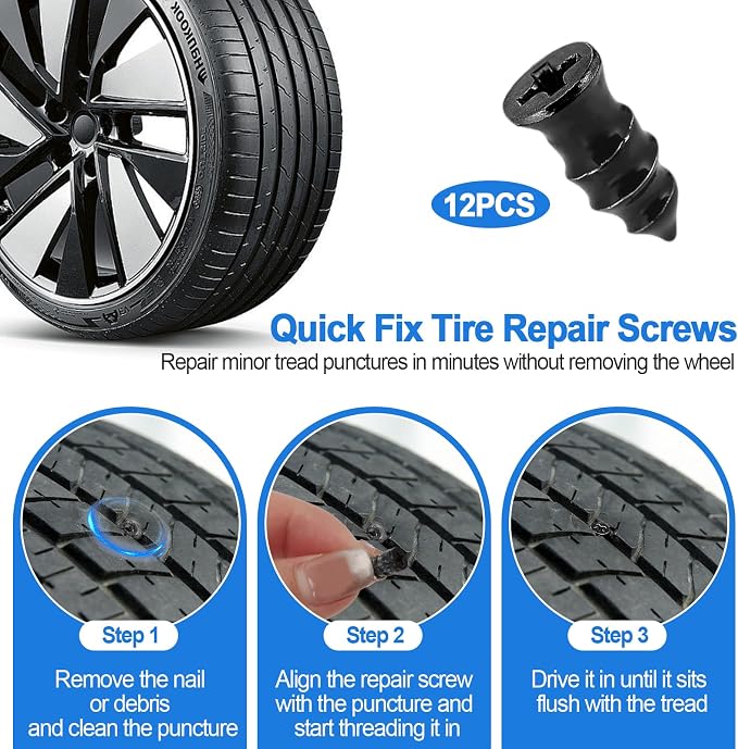 Tire Plug Kit, 160 PCS Tubeless Tire Repair Kit with Metal T-Handle Tools, Repair Strips, Screw-in Repair Plugs, Valve Stem Service Accessories, Pressure Gauge, Gloves & Hard Case