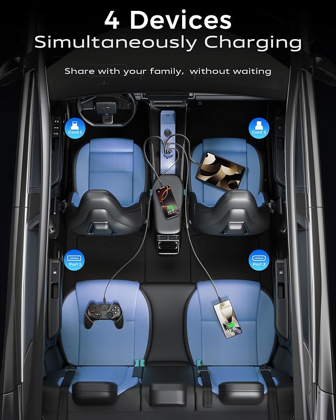 Car Charger, iPhone Fast USB C Phone Car Charger, Cigarette Lighter Adapter | with 2 Cables 25 Inch and 2 USB Ports, Retractable 4 in 1Multi Port USB Car Charging for iPhone 17/16/15/14/13/Pro Max-Blue