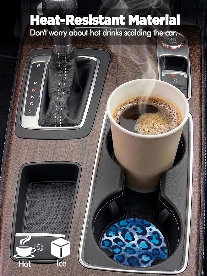 WOCOCN Car Coasters for Cup Holders - 2 Pack 2.75" Universal Rubber Car Cup Coaster, Non-Slip Waterproof Car Interior Accessories, Cute Car Decor Gifts for Women and Men (Blue Leopard Print)