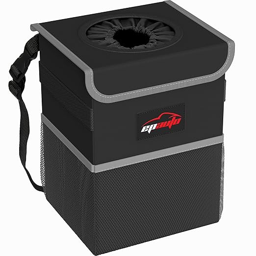EPAuto Waterproof Car Trash Can with Lid and Pockets, 2.5 Gal, Black | Leakproof, Collapsible Multipurpose Car Bin with 3 Side Storage Pockets, Adjustable Straps