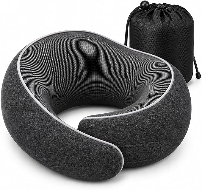 Travel Neck Pillow for Airplanes, Pure Memory Foam Neck Pillow with Washable Cover and Storage Bag, Ergonomic 360° Support for Sleeping, Car, Office, Home, Black