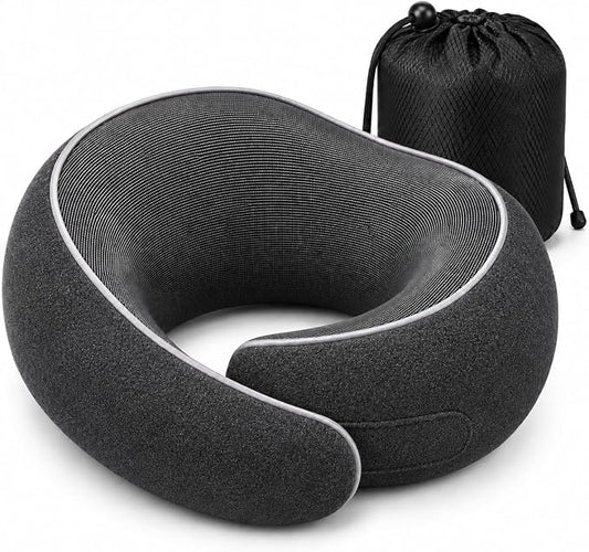 Travel Neck Pillow for Airplanes, Pure Memory Foam Neck Pillow with Washable Cover and Storage Bag, Ergonomic 360° Support for Sleeping, Car, Office, Home, Black
