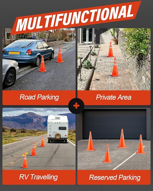 RoadHero 28 Inch 2 Pack Collapsible Traffic Safety Cones, Multi Purpose Pop-up Cones with Reflective Collar for Road Safety, Orange Cones for Driving Training, Parking Lots