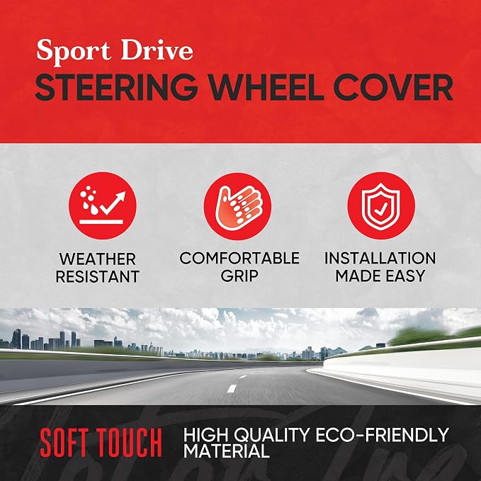 Motor Trend GripDrive Faux Black Leather Steering Wheel Cover for Car Truck Van SUV, Standard 15 inch Size, Gray Accent Stitched Car Steering Wheel Cover Vehicle & Auto Accessories