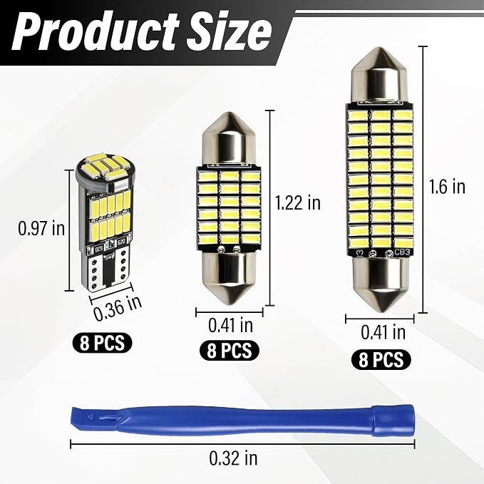 ecocstm 24 PCS LED Interior Car Lights, T10 31mm 41mm LED Interior Lights Replacement Kit, 12V Interior Led Lights for Cars Dome, Map, License Plate, Door, Trunk, Indicator Light (White)