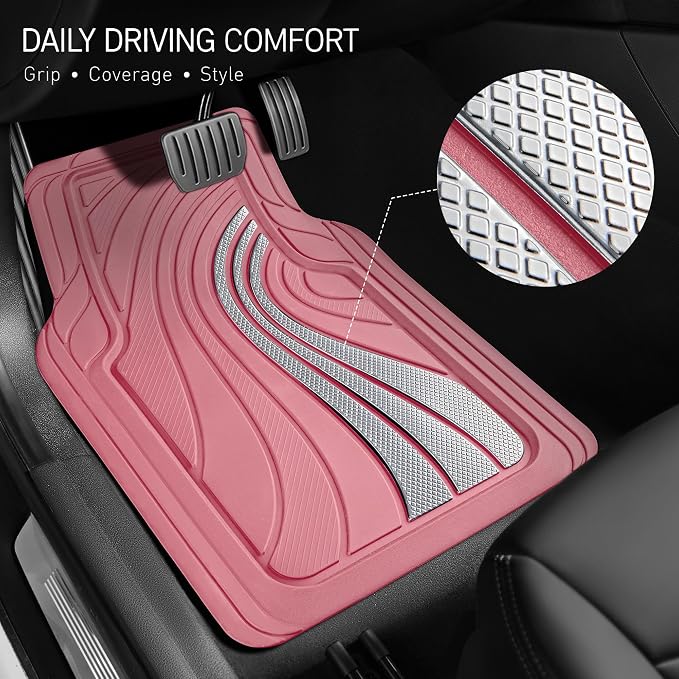 Road Comforts Car Floor Mats Full Set – Front & Rear Car Floor Mats with Aluminum Design, Anti-Slip Backing, All-Weather Protection, Trim-to-Fit Car Mats for Most Sedans, SUVs & Vans -All Pink