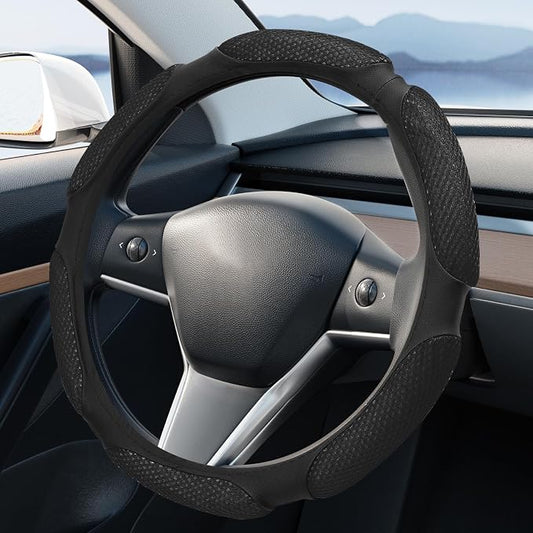 Wuyaoyao Car Steering Wheel Cover, 15 Inch PU Leather Anti-Slip Steering Wheel Covers Protector with Soft Hand Pad Cushion, Breathable & Comfortable, Universal Interior Car Accessories (Black)